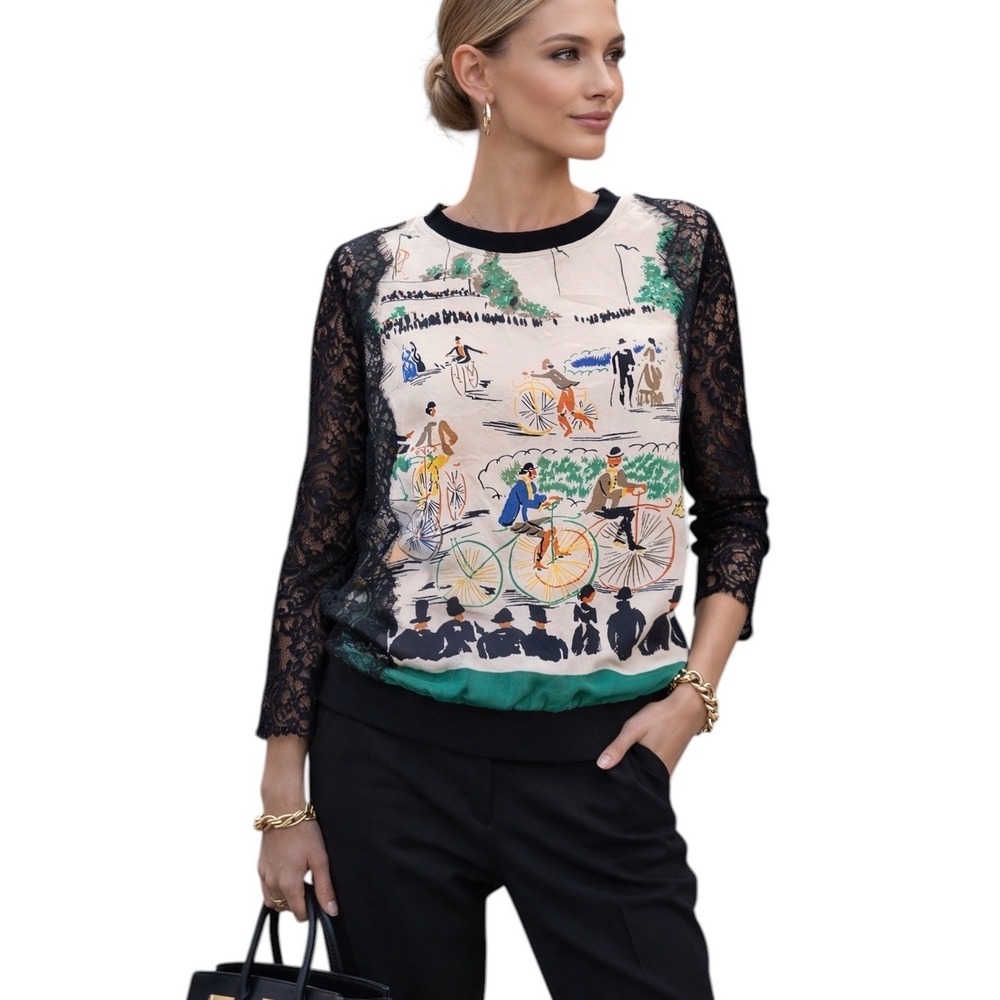 RMO & JUL Womens Silk Victorian Bicycle Print Top Black Lace Long Sleeve Large